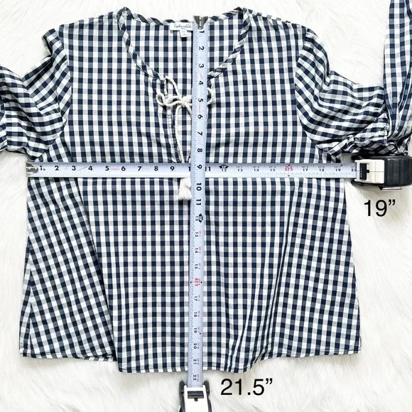 Splendid Navy Gingham Check Ruffled Tie Neck Navy White Long Sleeve Peasant Top - Picture 10 of 10